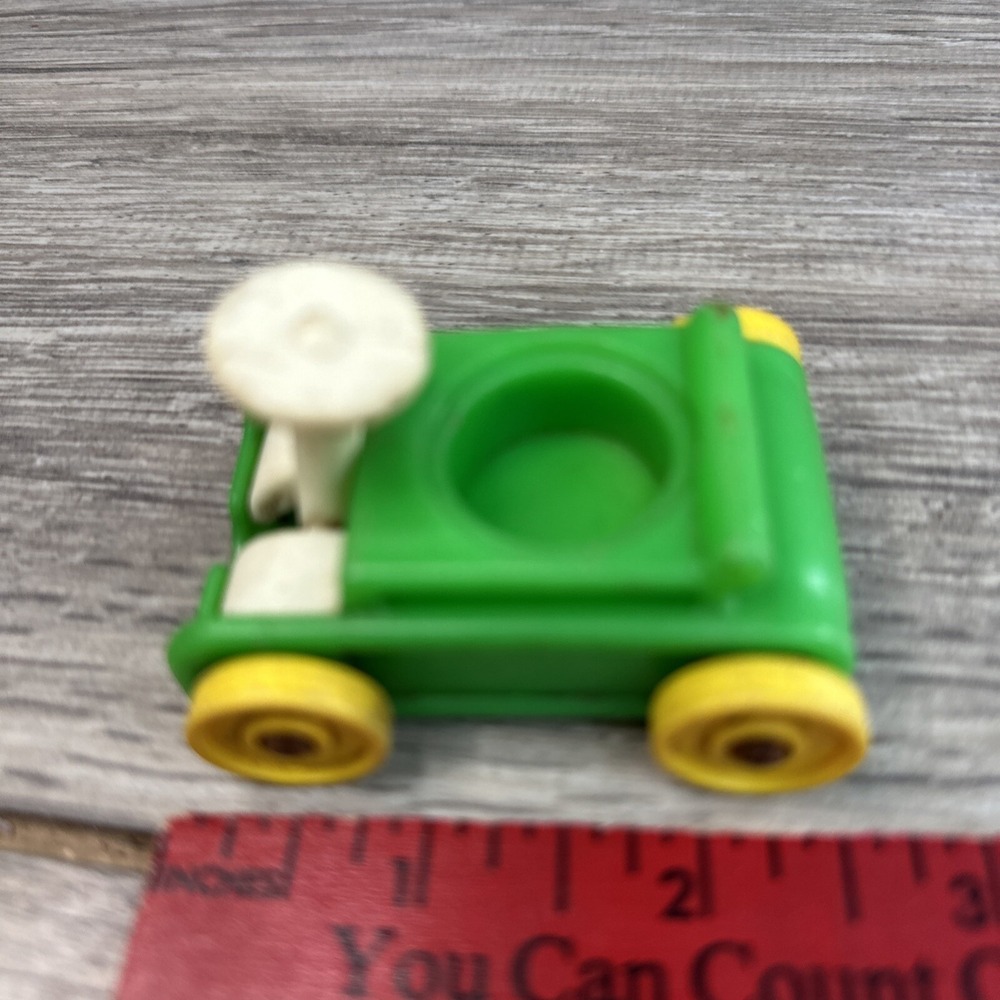 Vintage Fisher Price Little People Green Car Yellow Wheels Plastic Toy Vehicle